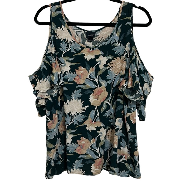 DAYTRIP Floral Flutter Sleeve Cold Shoulder Tulip Back Top L - Picture 2 of 15